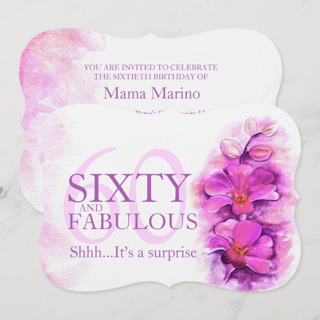 Orchid watercolor purple Sixty and fabulous Invitation (Front/Back)