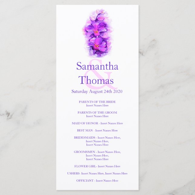 Orchid watercolor purple wedding program rack card (Front)