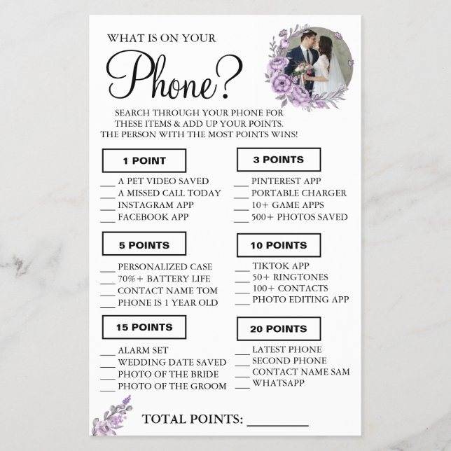 Orchid What is on your phone Shower game card (Front)