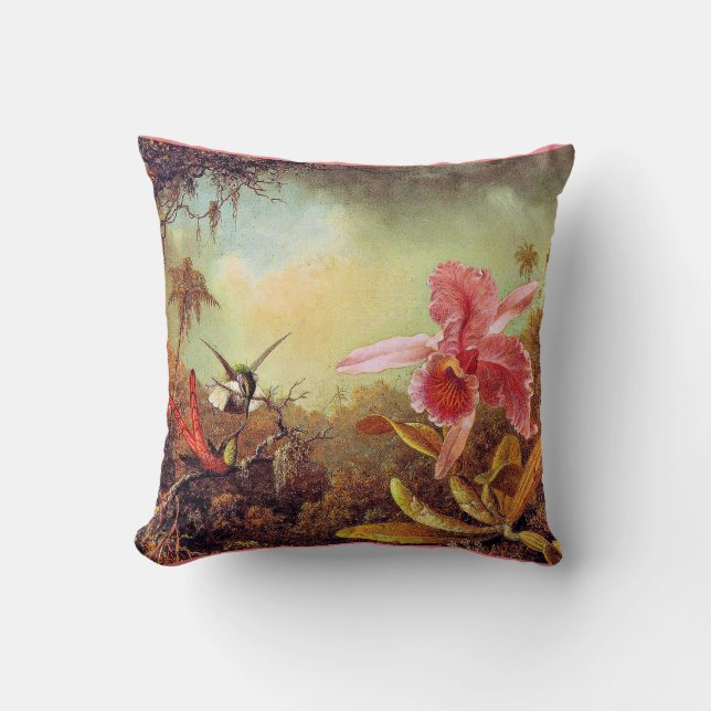 Orchid with Two Hummingbirds, fine art painting  Cushion (Front)