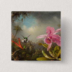 Orchid with Two Hummingbirds Heade 15 Cm Square Badge