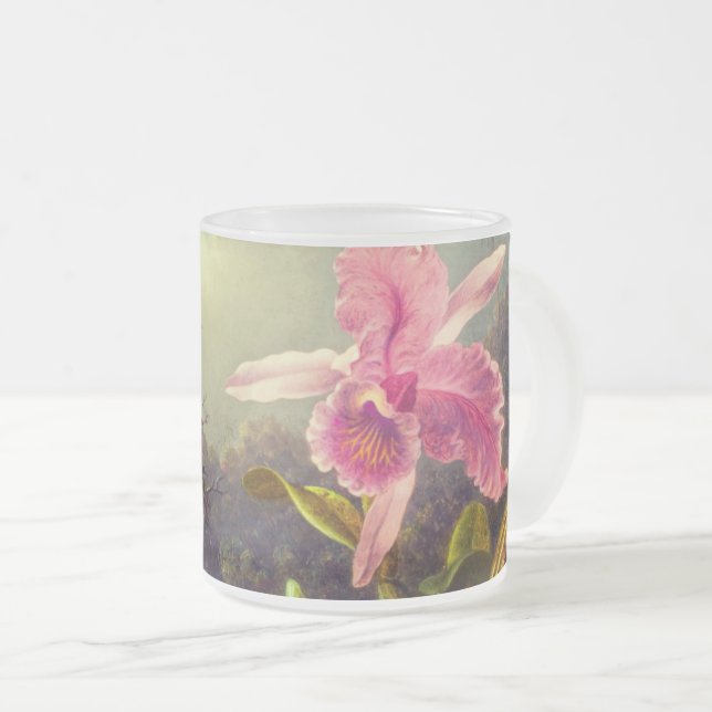 Orchid with Two Hummingbirds Heade Frosted Glass Coffee Mug (Front Right)