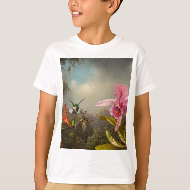 Orchid with Two Hummingbirds Heade T-Shirt (Front)