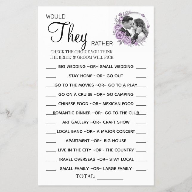 Orchid Would They Rather shower game card (Front)