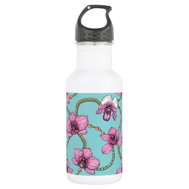 Orchids and chains, pink and blue 532 ml water bottle (Front)