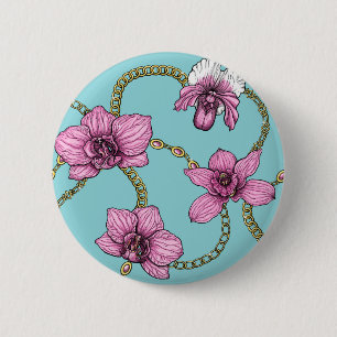 Orchids and chains, pink and blue 6 cm round badge