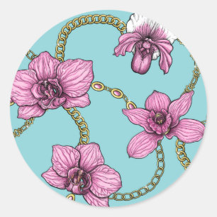 Orchids and chains, pink and blue classic round sticker