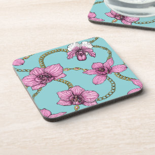Orchids and chains, pink and blue coaster