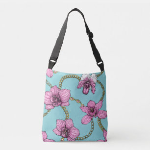Orchids and chains, pink and blue crossbody bag