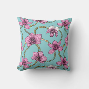Orchids and chains, pink and blue cushion