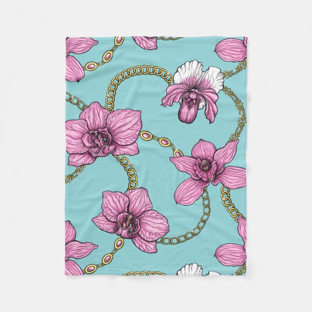 Orchids and chains, pink and blue fleece blanket (Front)