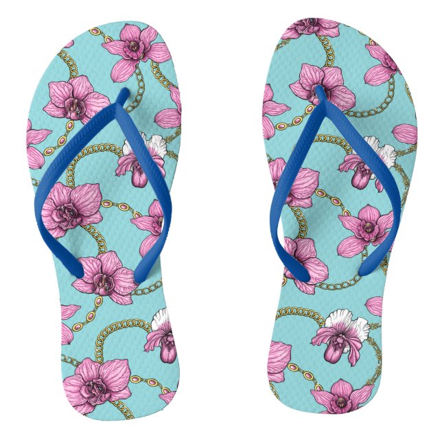 Orchids and chains, pink and blue flip flops (Footbed)