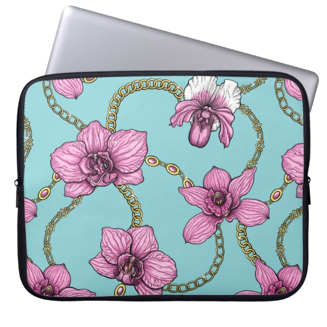 Orchids and chains, pink and blue laptop sleeve (Front)