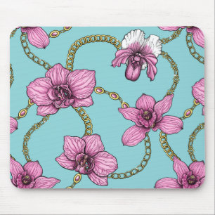 Orchids and chains, pink and blue mouse mat