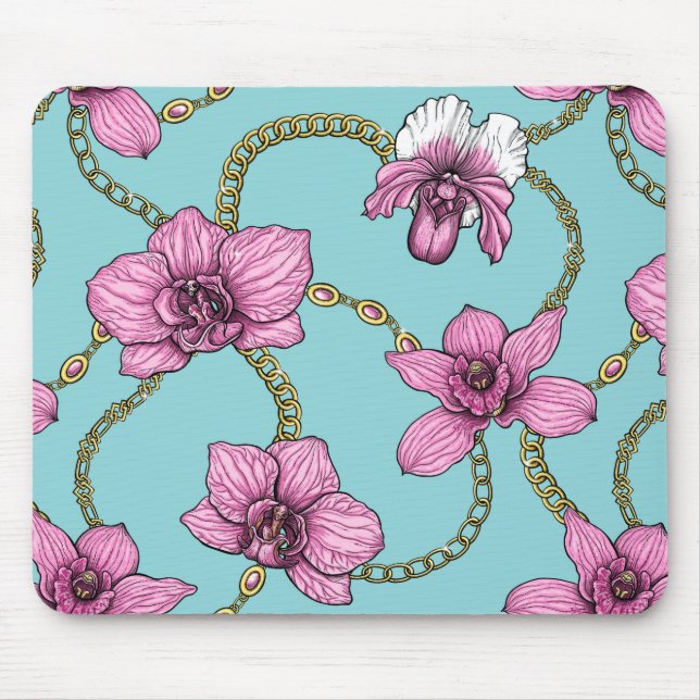 Orchids and chains, pink and blue mouse mat (Front)