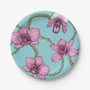 Orchids and chains, pink and blue paper plate
