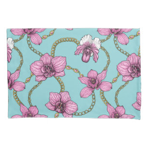 Orchids and chains, pink and blue pillowcase