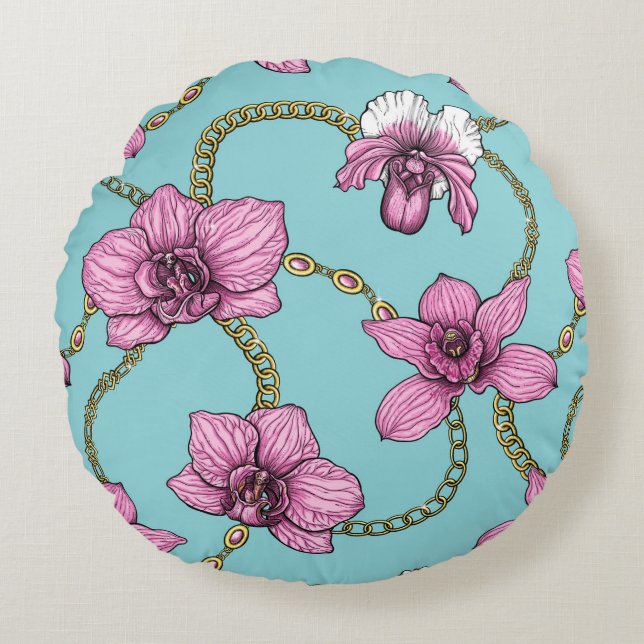 Orchids and chains, pink and blue round cushion (Front)