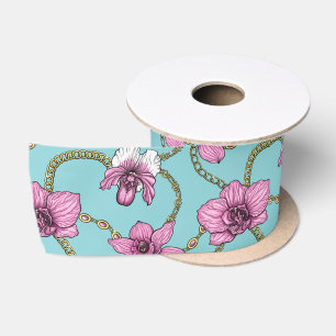 Orchids and chains, pink and blue satin ribbon