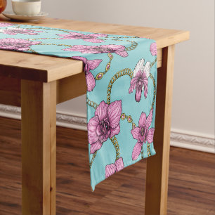 Orchids and chains, pink and blue short table runner
