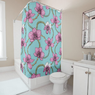 Orchids and chains, pink and blue shower curtain