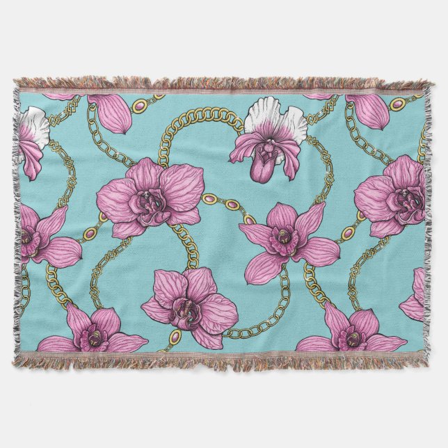 Orchids and chains, pink and blue throw blanket (Front)