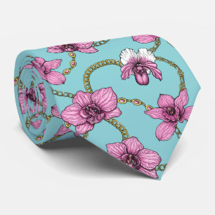 Orchids and chains, pink and blue tie