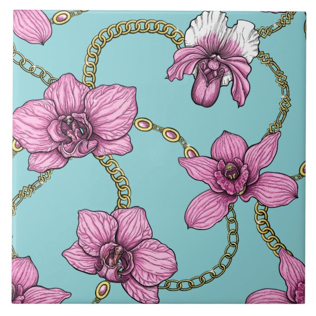 Orchids and chains, pink and blue tile (Front)