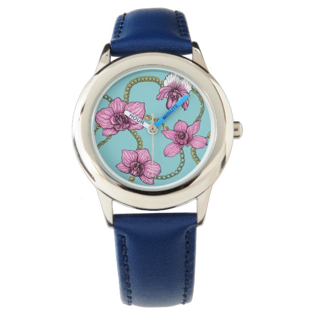 Orchids and chains, pink and blue watch (Front)