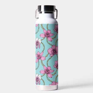 Orchids and chains, pink and blue water bottle