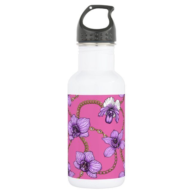 Orchids and chains, violet and pink 532 ml water bottle (Front)