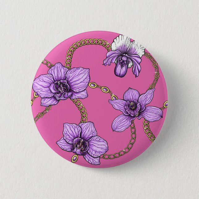 Orchids and chains, violet and pink 6 cm round badge (Front)
