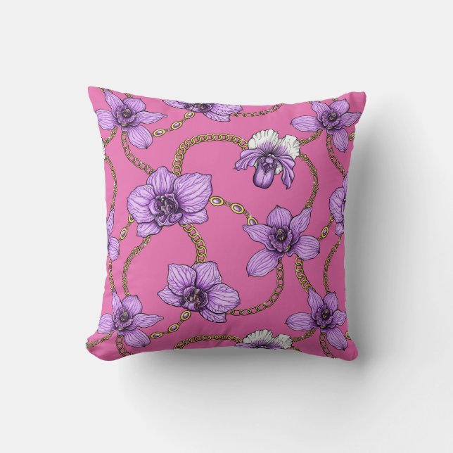 Orchids and chains, violet and pink cushion (Front)