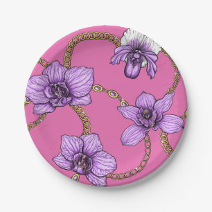 Orchids and chains, violet and pink paper plate