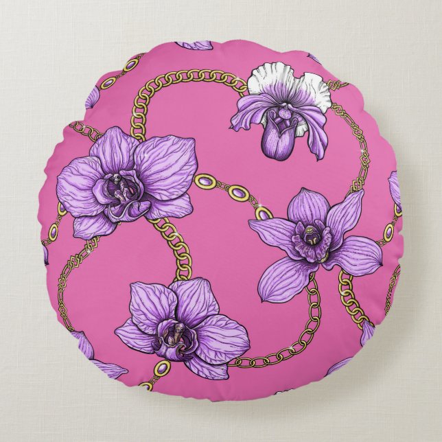 Orchids and chains, violet and pink round cushion (Front)