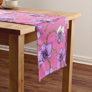 Orchids and chains, violet and pink short table runner