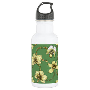Orchids and chains, yellow and kelly green 532 ml water bottle