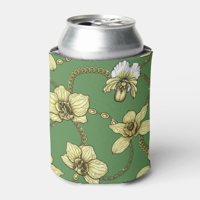 Orchids and chains, yellow and kelly green can cooler (Can Front)