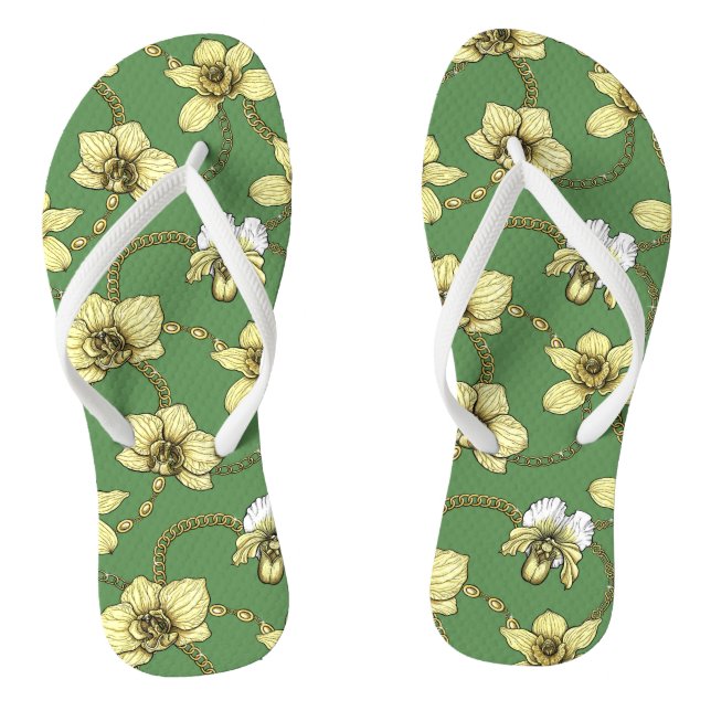 Orchids and chains, yellow and kelly green flip flops (Footbed)