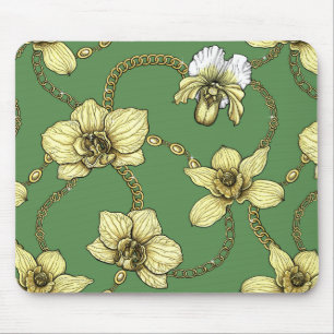 Orchids and chains, yellow and kelly green mouse mat