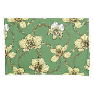 Orchids and chains, yellow and kelly green pillowcase