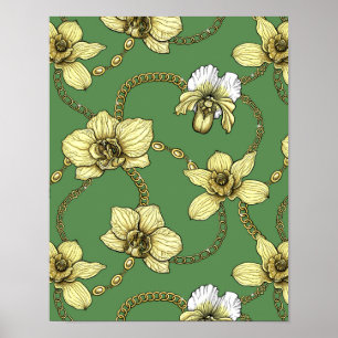 Orchids and chains, yellow and kelly green poster