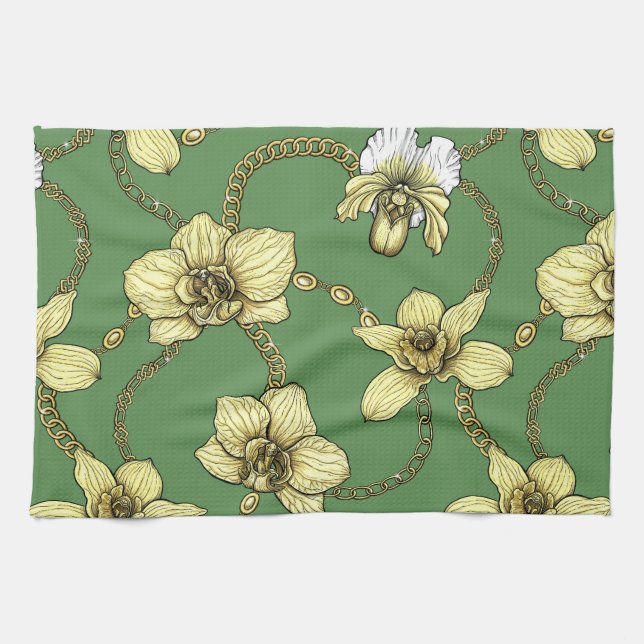Orchids and chains, yellow and kelly green tea towel (Horizontal)