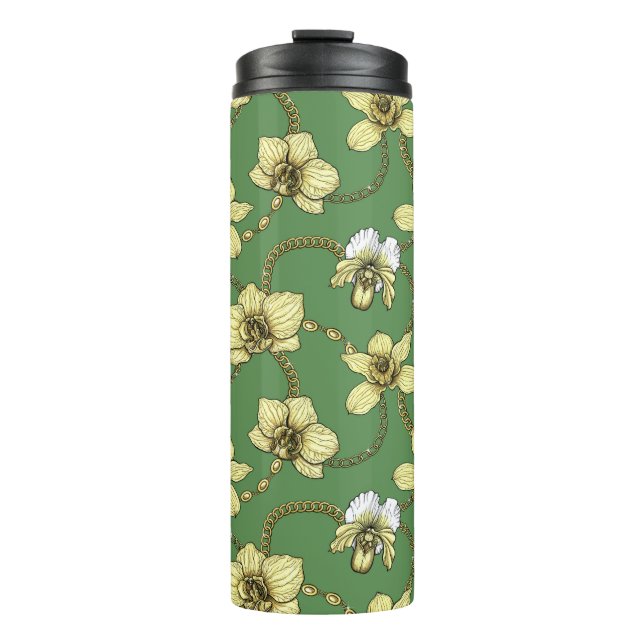 Orchids and chains, yellow and kelly green thermal tumbler (Front)