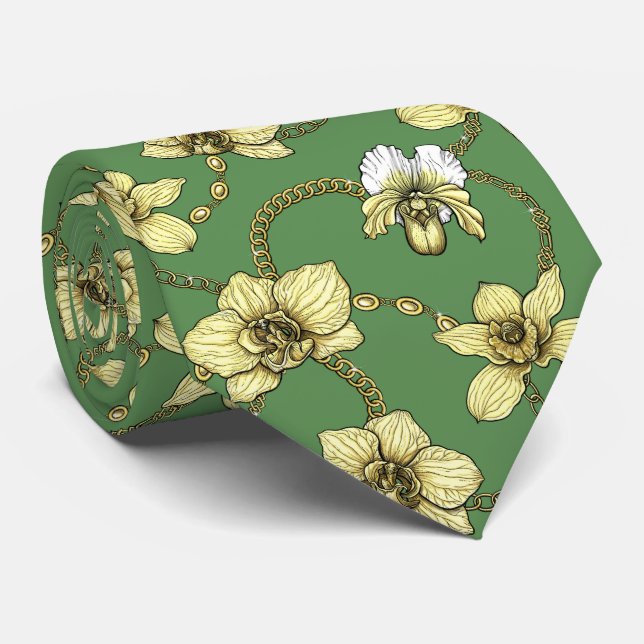 Orchids and chains, yellow and kelly green tie (Rolled)