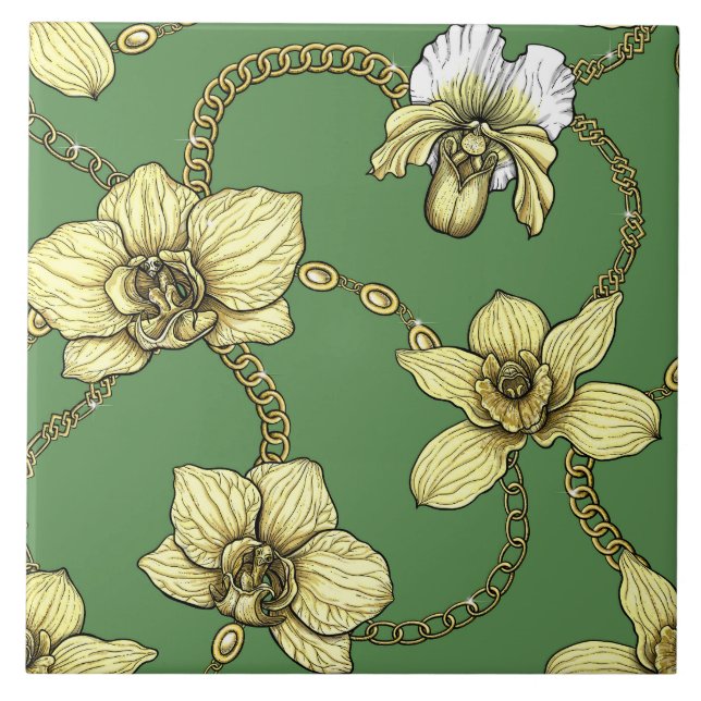 Orchids and chains, yellow and kelly green tile (Front)