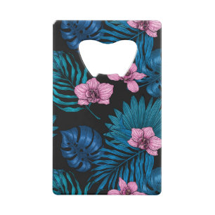 Orchids and palm leaves, pink and blue on black