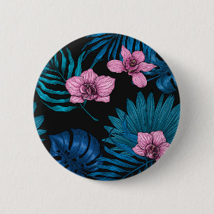 Orchids and palm leaves, pink and blue on black 6 cm round badge