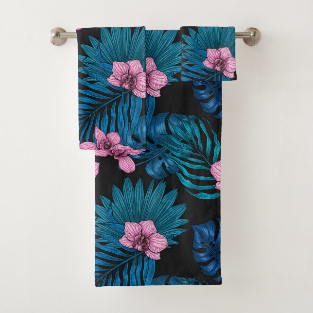 Orchids and palm leaves, pink and blue on black bath towel set (Insitu)