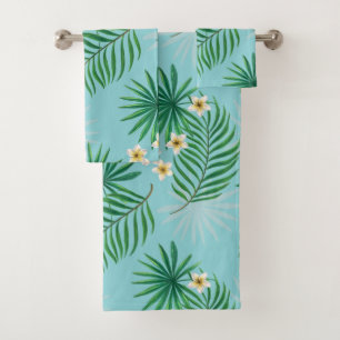 Orchids and palm leaves, pink and blue on black bath towel set